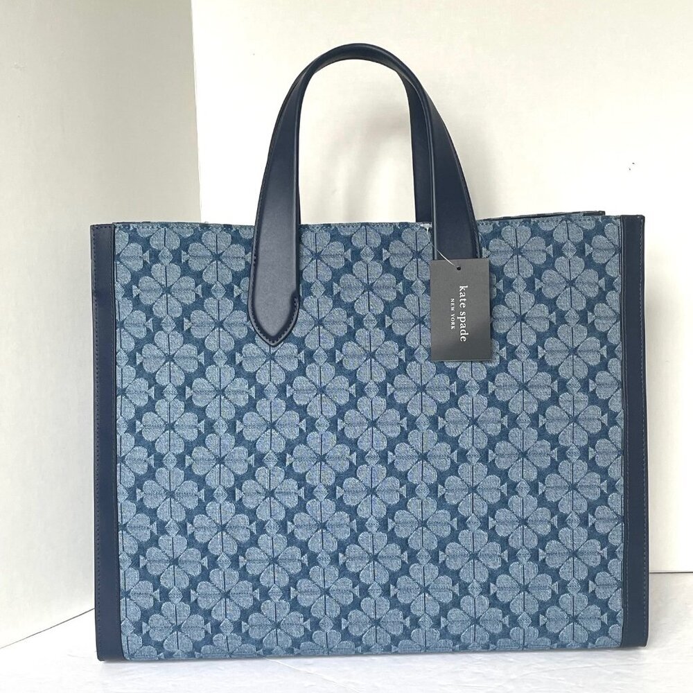 Kate Spade Jacquard Denim Large Manhattan Tote Bag Blue Flower Shoulder Strap - Picture 2 of 13